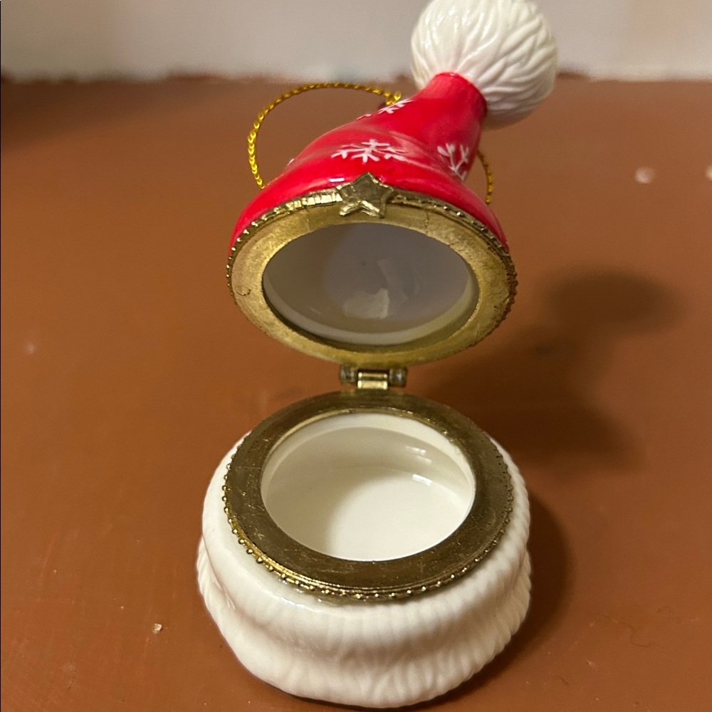 Red & White Santa Hat with Snowflakes Hinged Trinket Box Ornament -Porcelain - Picture 8 of 13